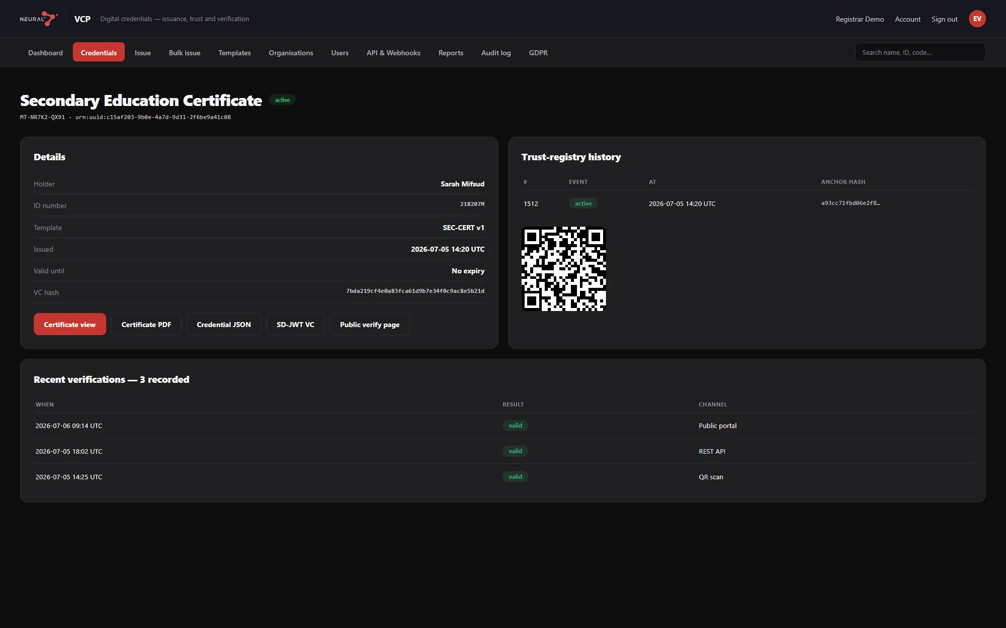Neural VCP credential detail view for a Secondary Education Certificate, with trust-registry history, QR code and export actions