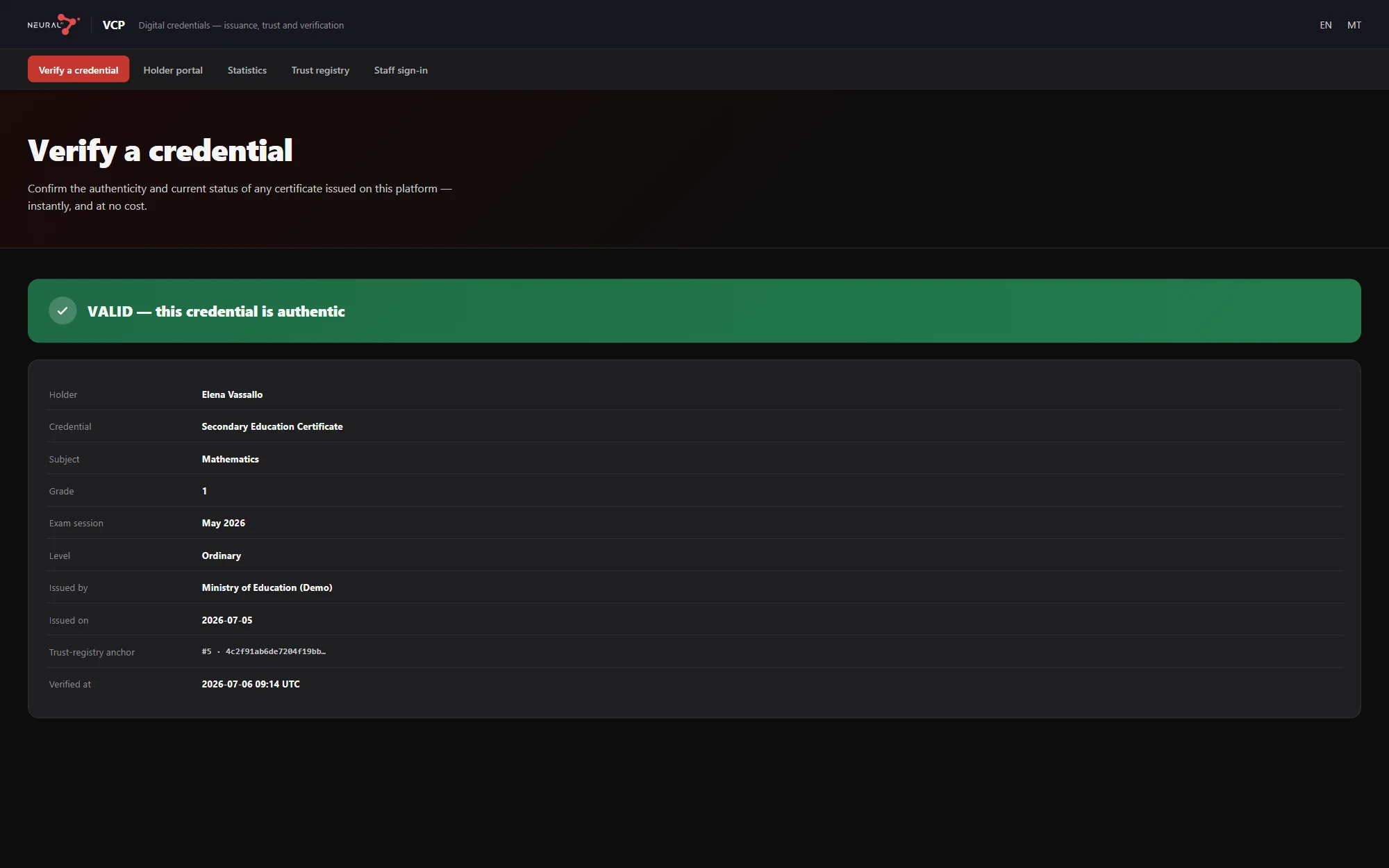 Neural VCP public verification portal showing a Secondary Education Certificate confirmed as valid, with full trust-registry details